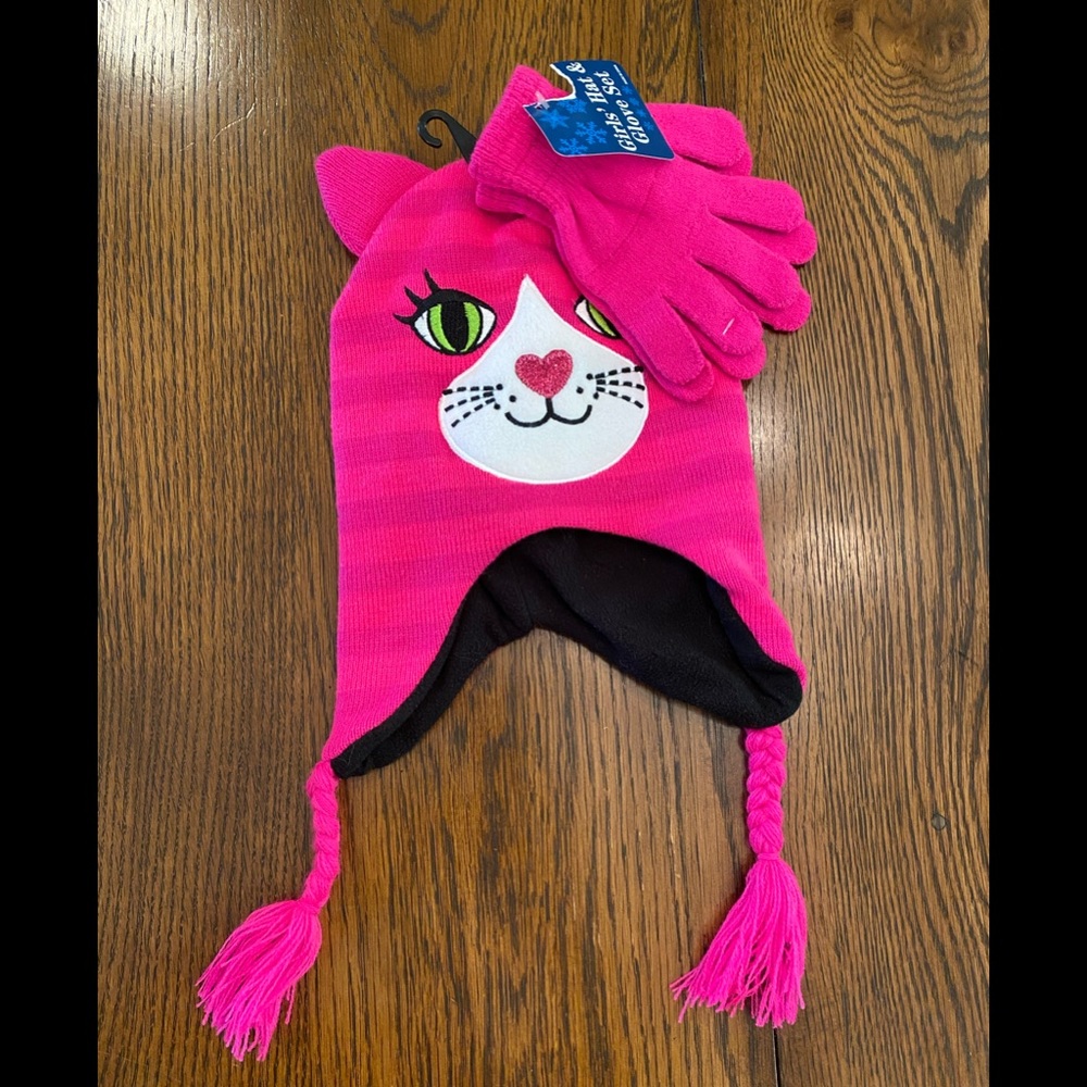 Pink Kitty Cat Hat and Glove Set